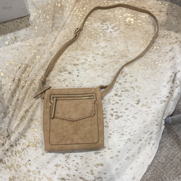 Tan Suede stitched crossbody hand bag purse with adjustable strap - Picture 2 of 2